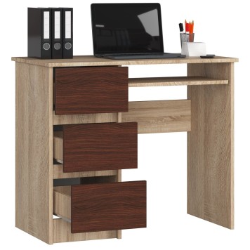 Bureau RICCI Gauche Marron Bois MDF 3 tiroirs  1 étagère 90x50x77 cm