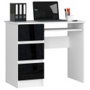 Bureau RICCI Gauche Blanc Bois MDF 3 tiroirs façade Noir Brillant 1 étagère 90x50x77 cm