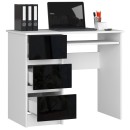 Bureau RICCI Gauche Blanc Bois MDF 3 tiroirs façade Noir Brillant 1 étagère 90x50x77 cm