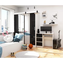 Bureau RICCI Gauche Blanc Bois MDF 3 tiroirs façade Noir Brillant 1 étagère 90x50x77 cm