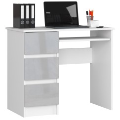 Bureau RICCI Gauche Blanc Bois MDF 3 tiroirs façade Gris Brillant 1 étagère 90x50x77 cm