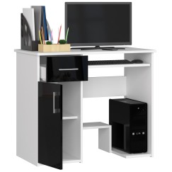 Bureau JENNA 1 porte 1 Tiroir 3 étagères 90x74X50 cm Blanc facade Noir Brillant