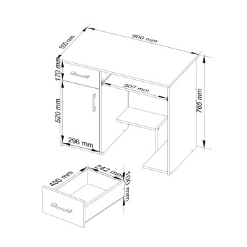 Bureau JENNA 1 porte 1 Tiroir 3 étagères 90x74X50 cm Marron