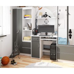 Bureau JENNA 1 porte 1 Tiroir 3 étagères 90x74X50 cm Blanc facade Gris