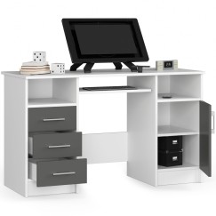 Bureau POLO Bois MDF 1 Porte 3 Tiroirs Façade Gris 5 Étagères 124x52x74 Cm