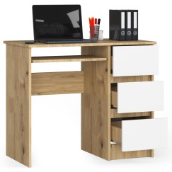 Bureau RICCI Droite Marron Bois MDF 3 tiroirs façade blanche 1 étagère 90x50x77 cm
