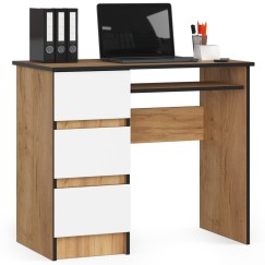 Bureau RICCI Gauche Marron Bois MDF 3 tiroirs façade Blanche 1 étagère 90x50x77 cm