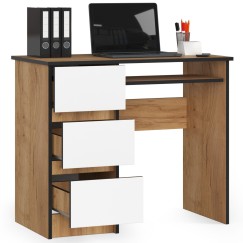 Bureau RICCI Gauche Marron Bois MDF 3 tiroirs façade Blanche 1 étagère 90x50x77 cm