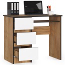 Bureau RICCI Gauche Marron Bois MDF 3 tiroirs façade Blanche 1 étagère 90x50x77 cm