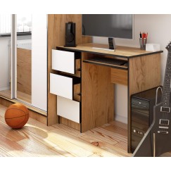 Bureau RICCI Gauche Marron Bois MDF 3 tiroirs façade Blanche 1 étagère 90x50x77 cm