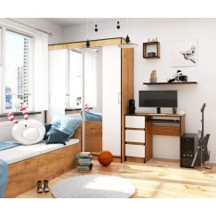 Bureau RICCI Gauche Marron Bois MDF 3 tiroirs façade Blanche 1 étagère 90x50x77 cm