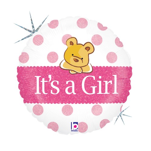 First Birthday Bear Holo Baby Girl foil balloon 46 cm