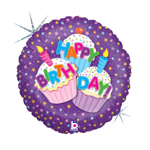 Happy Birthday Cupcake Holo Happy Birthday foil balloon 46 cm