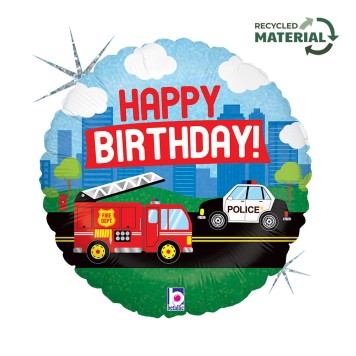 Happy Birthday Emergency Vehicle Holo Happy Birthday foil balloon 46 cm