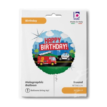 Happy Birthday Emergency Vehicle Holo Happy Birthday foil balloon 46 cm
