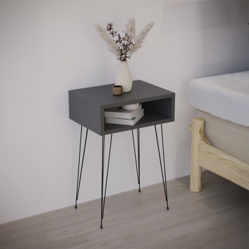 Table de chevet en bois anthracite pieds métal noir 40x30x59 cm
