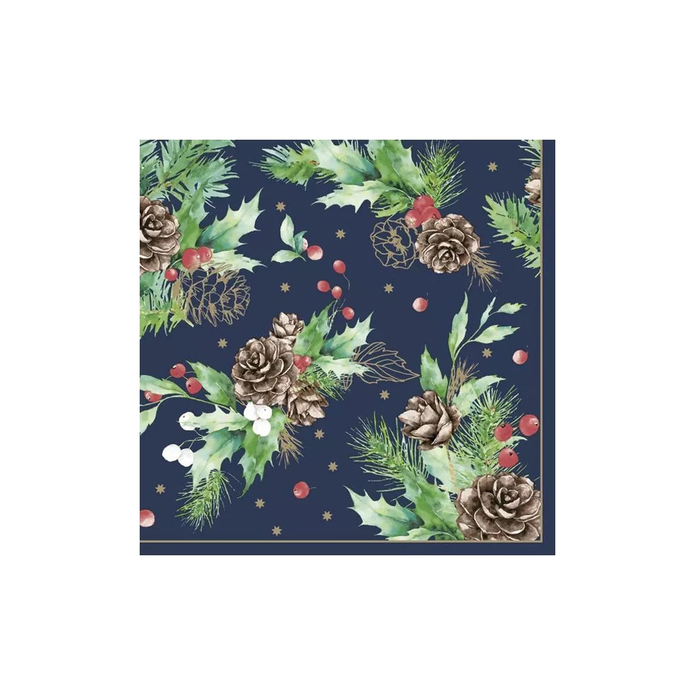 Christmas Cones & Hollyberry on Navy napkins, pack of 20, 33x33 cm