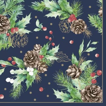 Christmas Cones & Hollyberry on Navy napkins, pack of 20, 33x33 cm