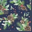 Christmas Cones & Hollyberry on Navy napkins, pack of 20, 33x33 cm