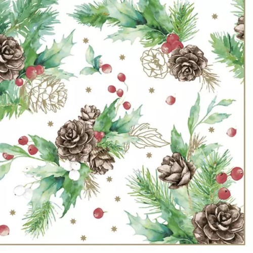 Christmas Cones & Hollyberry on White napkins, pack of 20, 33x33 cm