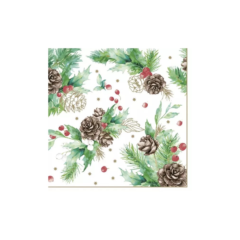Christmas Cones & Hollyberry on White napkins, pack of 20, 33x33 cm