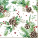Christmas Cones & Hollyberry on White napkins, pack of 20, 33x33 cm