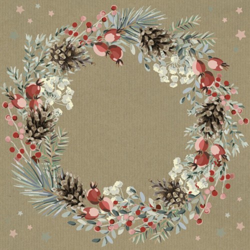Christmas Wreath on Kraft napkins, pack of 20, 33x33 cm
