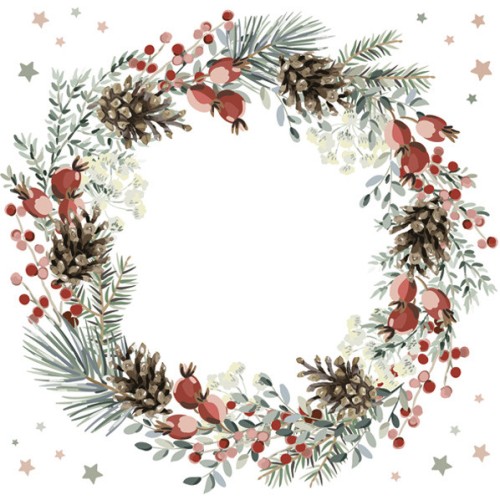 Christmas Wreath on White napkins, pack of 20, 33x33 cm