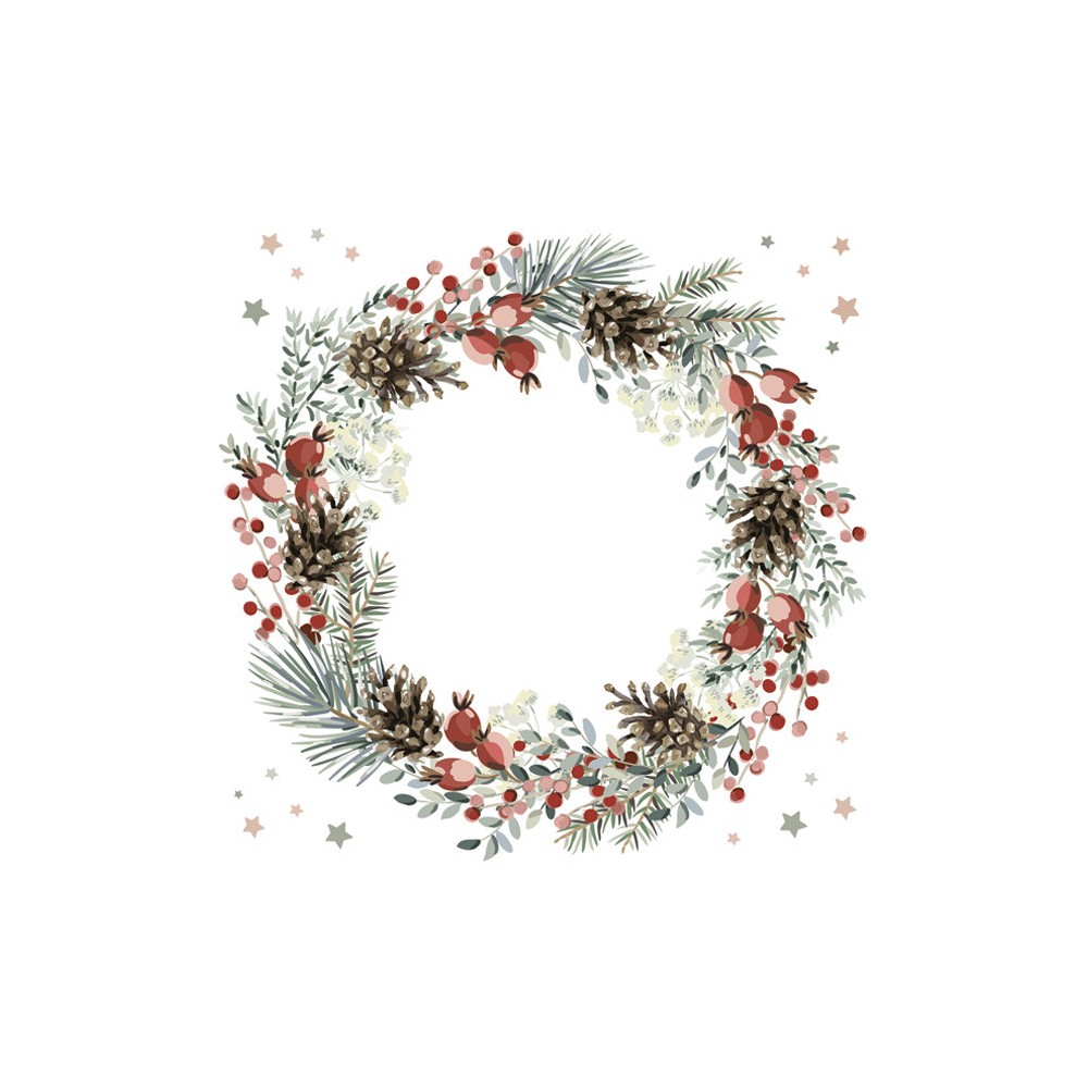Christmas Wreath on White napkins, pack of 20, 33x33 cm