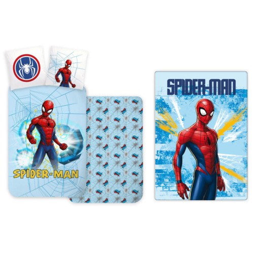 Spiderman Light Blue children's bedding and polar blanket set