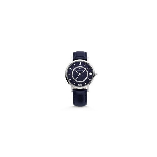 Victoria Silver-Colored Stone Blue Leather Strap Watch