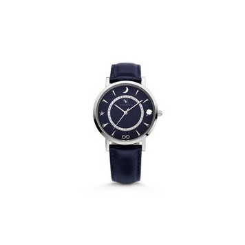 Victoria Silver-Colored Stone Blue Leather Strap Watch