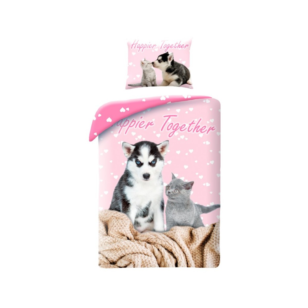 Animals Happier Together Cat and Dog themed bedding set 140x200cm, 70x90 cm