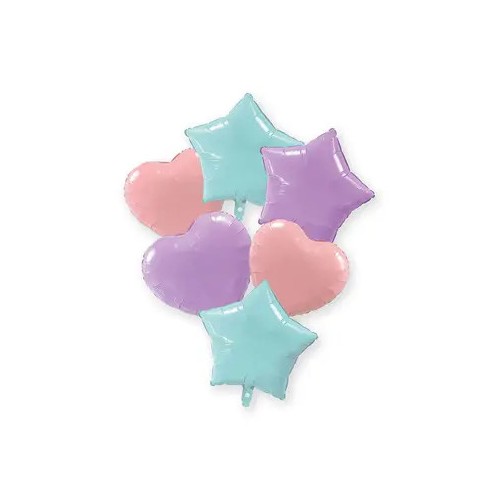 Colour Pastel Blue Pink Lilac heart, star foil balloon 6-piece set 46 cm