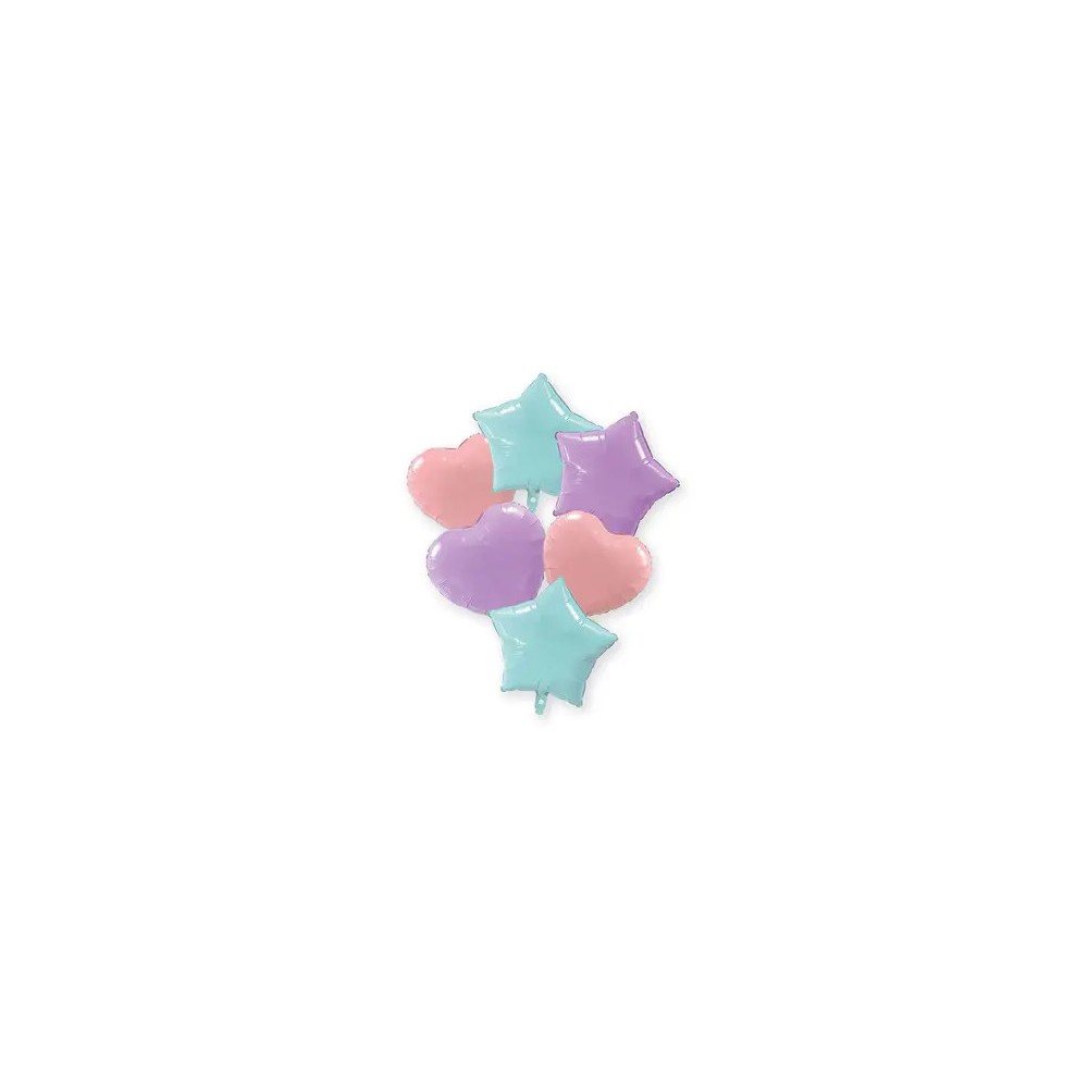 Colour Pastel Blue Pink Lilac heart, star foil balloon 6-piece set 46 cm