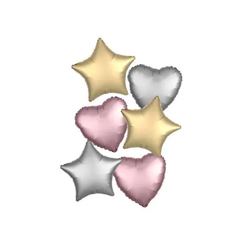 Colour Satin Heart, star foil balloon set of 6 pieces 46 cm