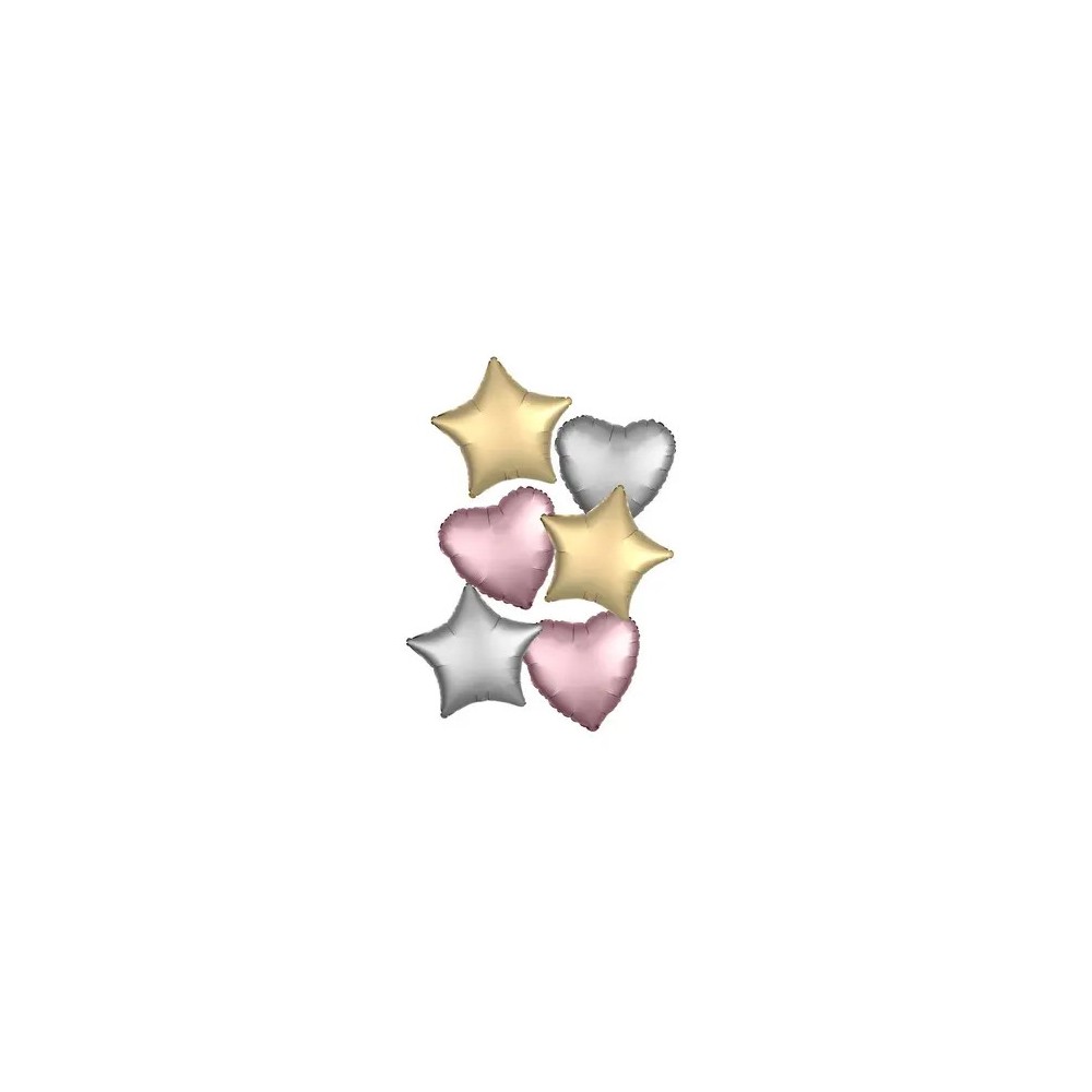 Colour Satin Heart, star foil balloon set of 6 pieces 46 cm