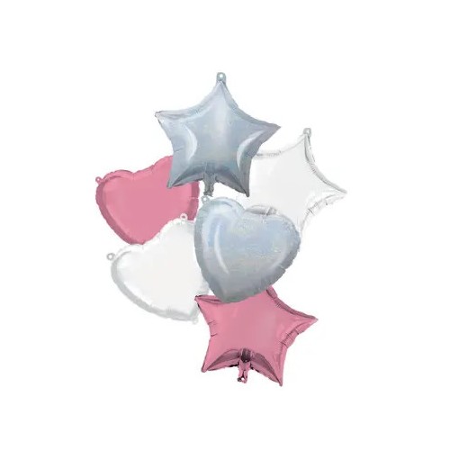 Colour Pink White heart, star foil balloon 6 pcs set 46 cm