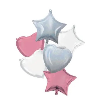 Colour Pink White heart, star foil balloon 6 pcs set 46 cm
