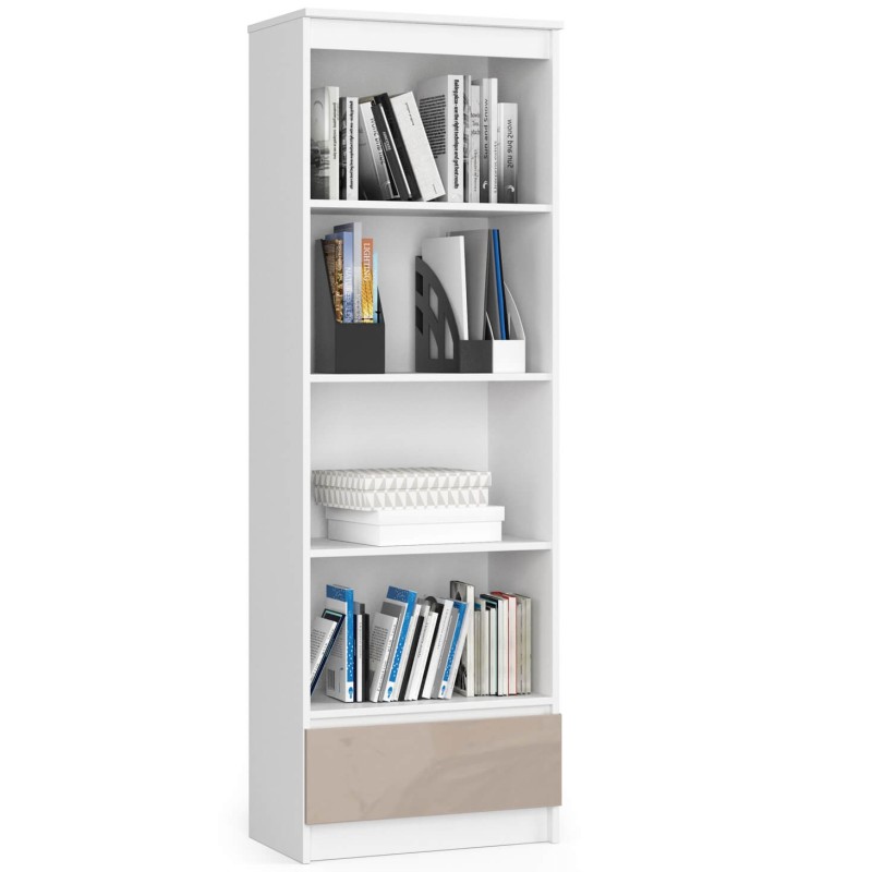 Regał R 60 cm CLP 1 szuflada 4 półki - biały-cappuccino połysk Regał R 60 cm CLP 1 szuflada 4 półki - biały-cappuccino połysk