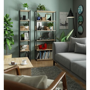 Regał loftowy metalowy 40 cm - czarny-dąb sonoma - 6 półek