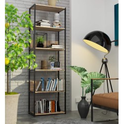 Regał loftowy metalowy 60 cm - czarny-dąb sonoma - 6 półek