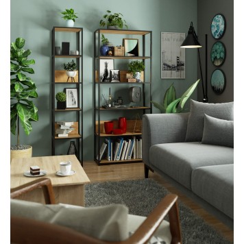 Regał loftowy metalowy 80 cm - czarny-dąb craft - 6 półek