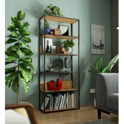 Regał loftowy metalowy 80 cm - czarny-dąb craft - 6 półek