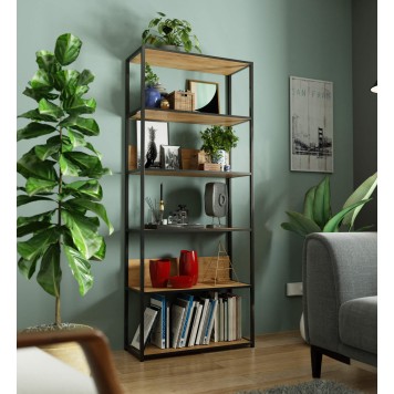 Regał loftowy metalowy 80 cm - czarny-dąb craft - 6 półek