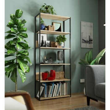 Regał loftowy metalowy 80 cm - czarny-dąb sonoma - 6 półek