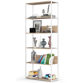 Regał loftowy metalowy 80 cm - biały-dąb sonoma - 6 półek