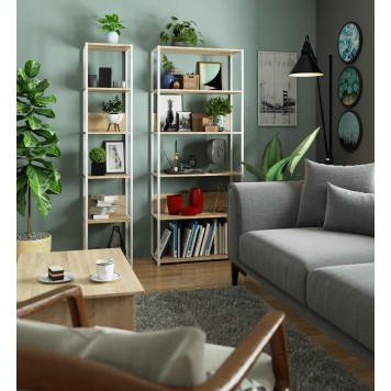 Regał loftowy metalowy 80 cm - biały-dąb sonoma - 6 półek
