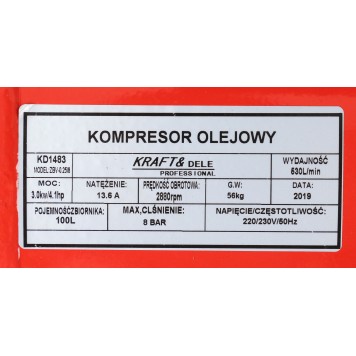 KOMPRESOR OLEJOWY SPRĘŻARKA 100L KD1483